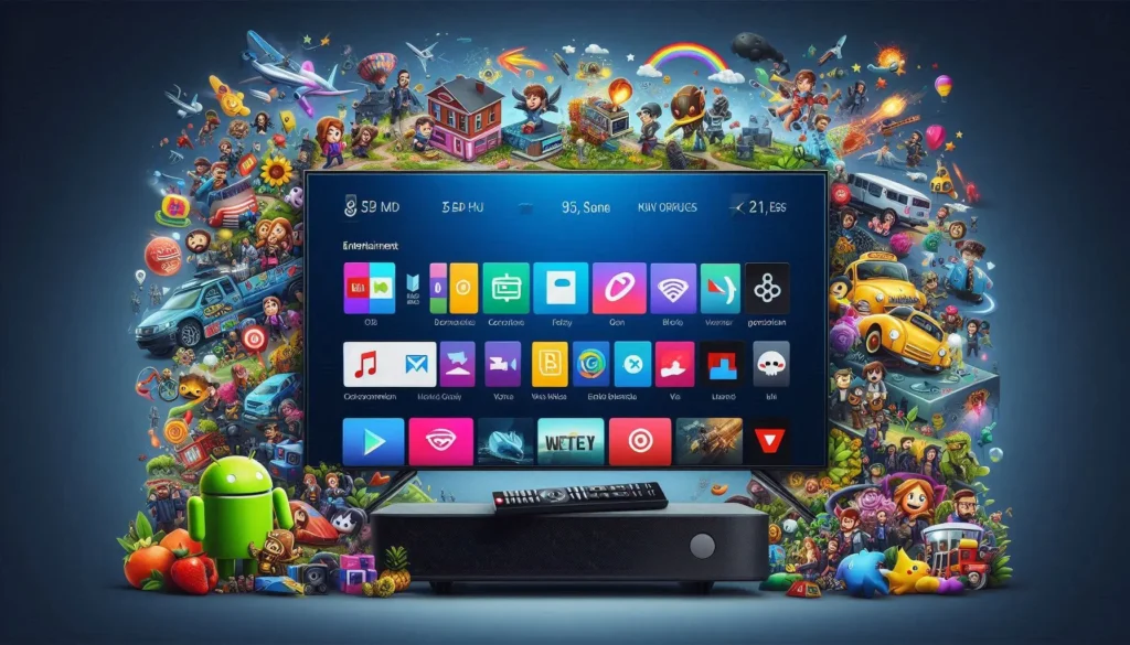 A smart TV displaying a variety of entertainment apps available for download.