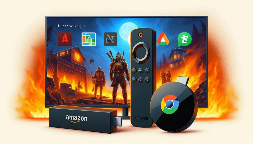 An Amazon Fire Stick and a Google Chromecast connected to a TV, showing different streaming interfaces.