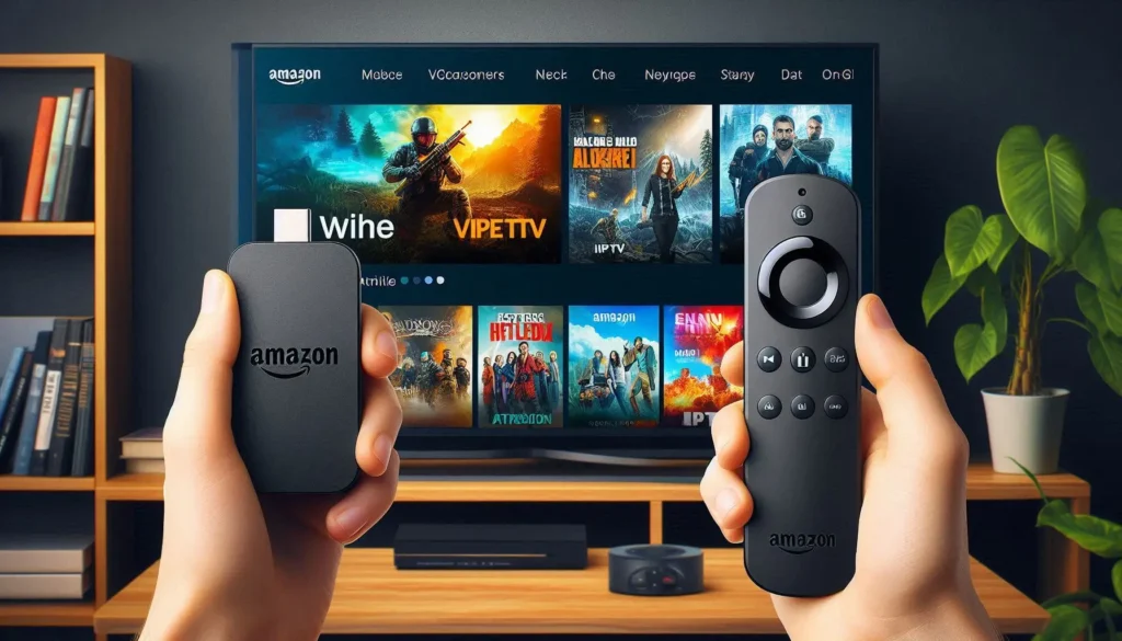A comparison of an Amazon Firestick and a Smart TV, both displaying IPTV content.