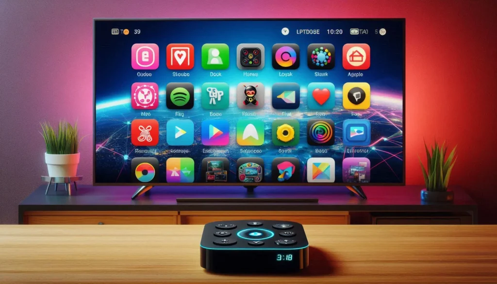 A MAG IPTV box connected to a television, displaying subscription options on the screen.