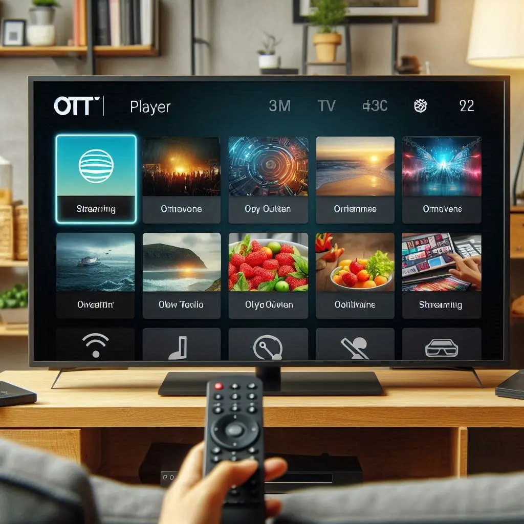 An OTT Player interface displayed on a TV, showing a variety of streaming options.