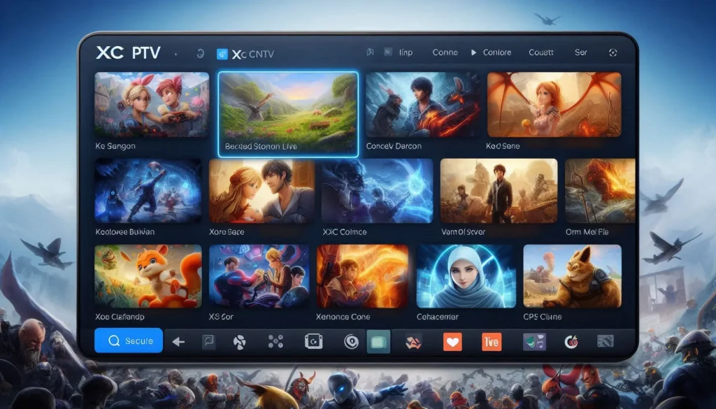 The XC IPTV Player interface showing a selection of live TV channels and on-demand content.