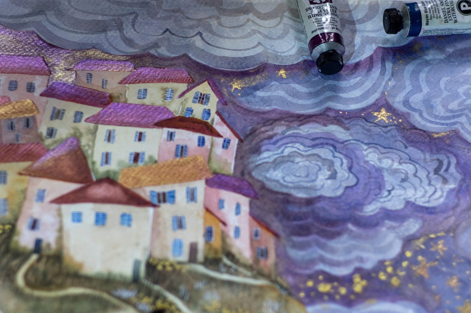a painting of a city with buildings and clouds